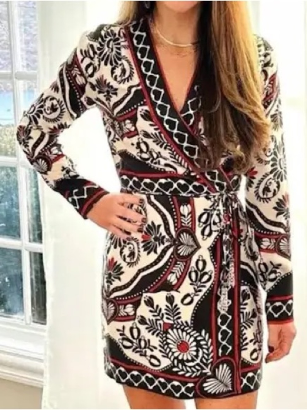 Farm Rio Wrap Dress in Cream with Black & Red Paisley Print